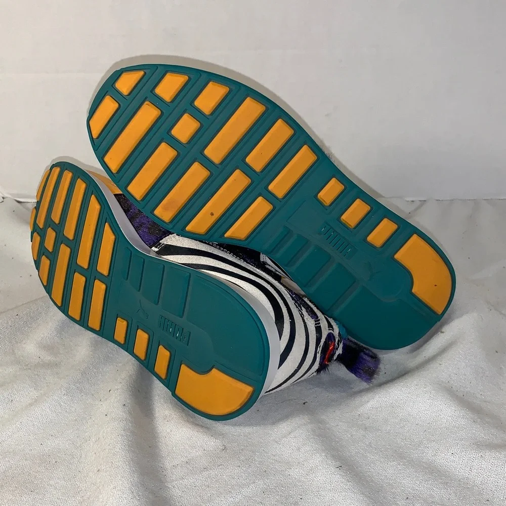 Puma Womens RS-100 ‘Zinnia’ Yellow, Teal, Orange & Zebra-Accent Low-Top Sneakers